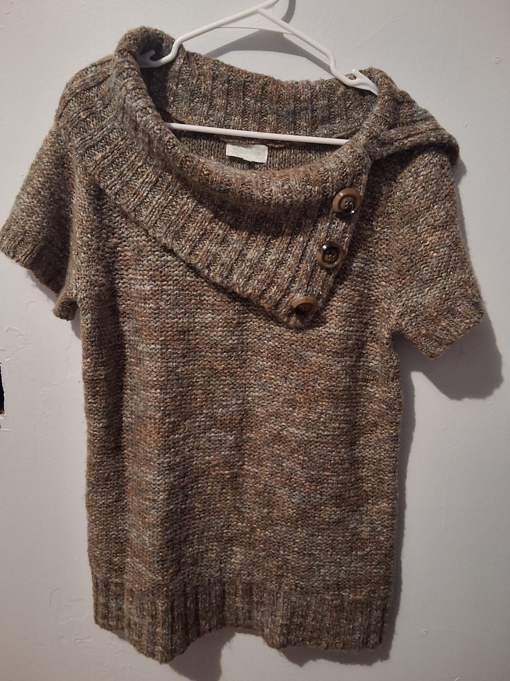 Maurices Short-Sleeve Cowl Neck Button Sweater - Brown Heathered